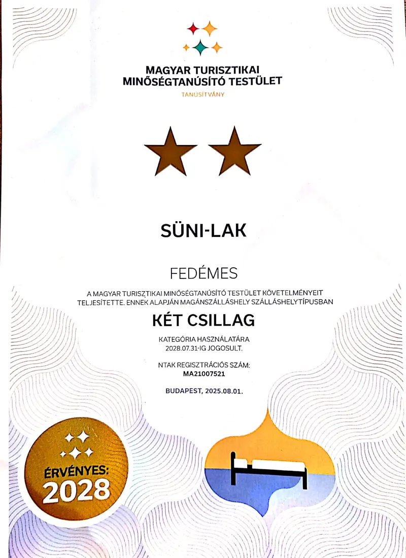 Süni-Lak kétcsillagos minőségtanúsítvány – Fedémes